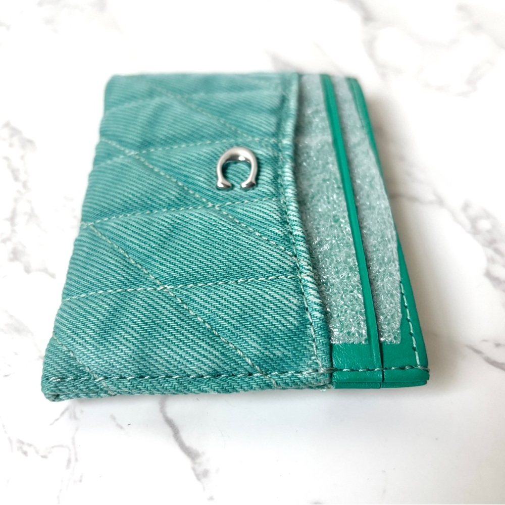 New Coach Quilted Denim Card Case Mini Wallet Holder Green - Picture 6 of 8